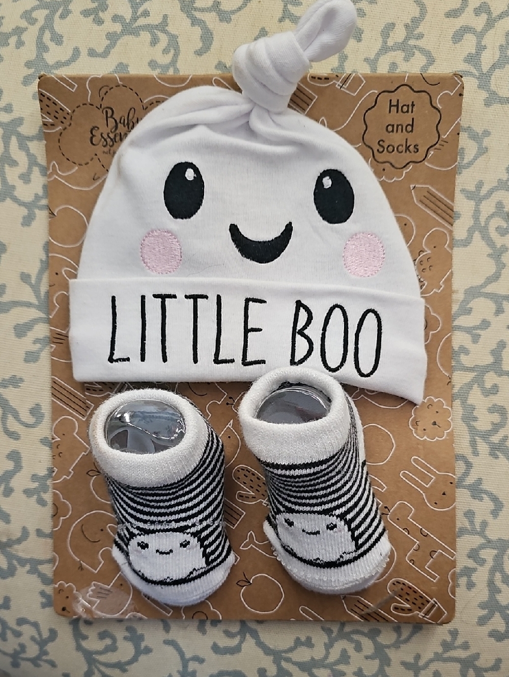 Baby Essentials White Baby Hat & Black Striped Socks Set